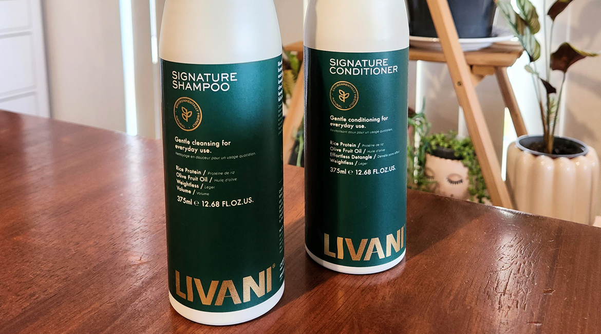 Livani Signature Shampoo and Conditioner bottles, showcasing luxurious packaging and natural essential oils ingredients.